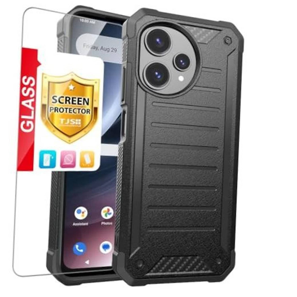 Black rugged phone case with camera cutouts and textured grip, plus screen protector.