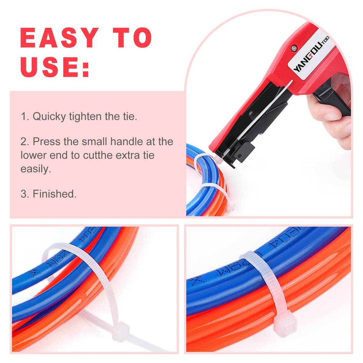 Cable tie gun near bundled blue and orange cables with tied ends