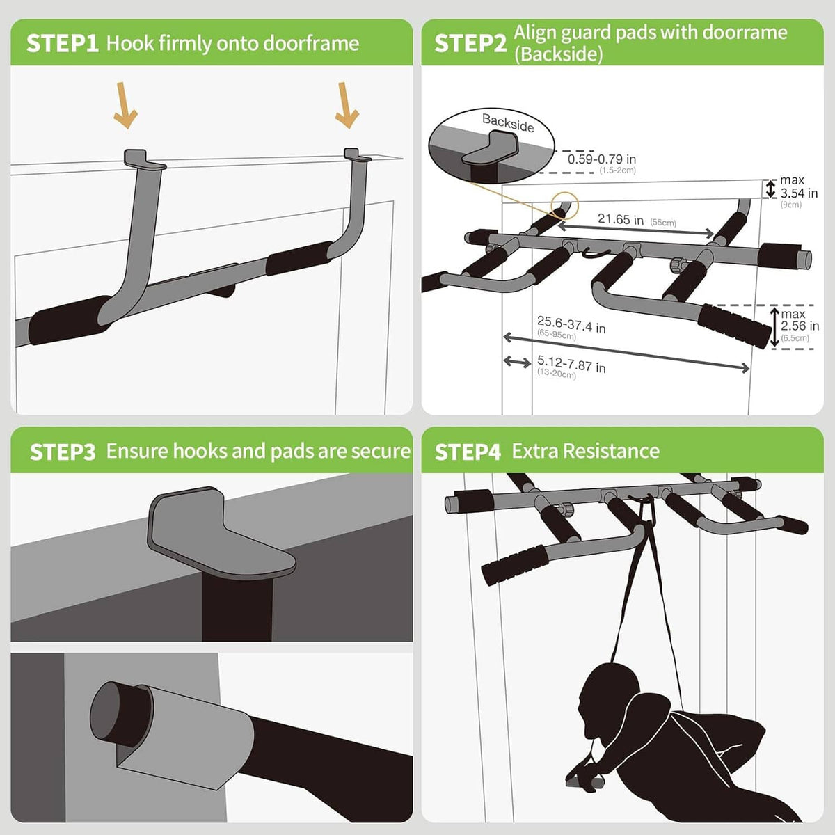 Doorway pull-up bar setup diagram showing guard pad placement and secure hooks