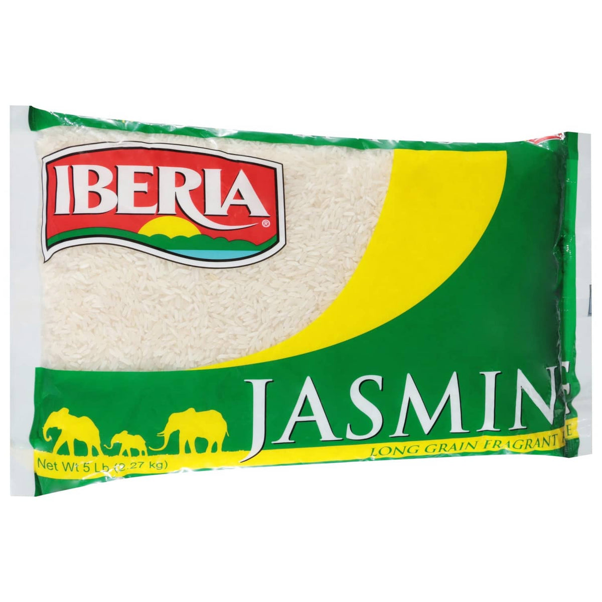 Jasmine long-grain rice bag with green-and-yellow label and brand Iberia