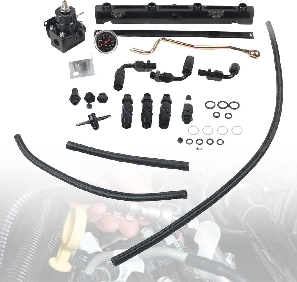 Fuel line system kit with mounting rail, black hoses, multiple fittings, and pressure gauge