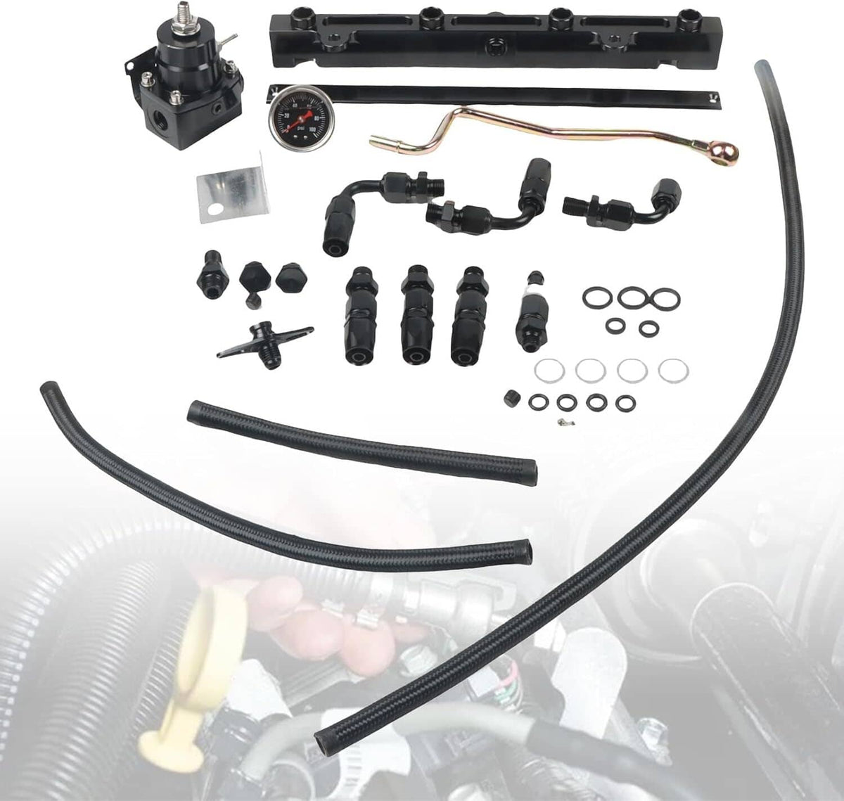 Fuel line system kit with mounting rail, black hoses, multiple fittings, and pressure gauge