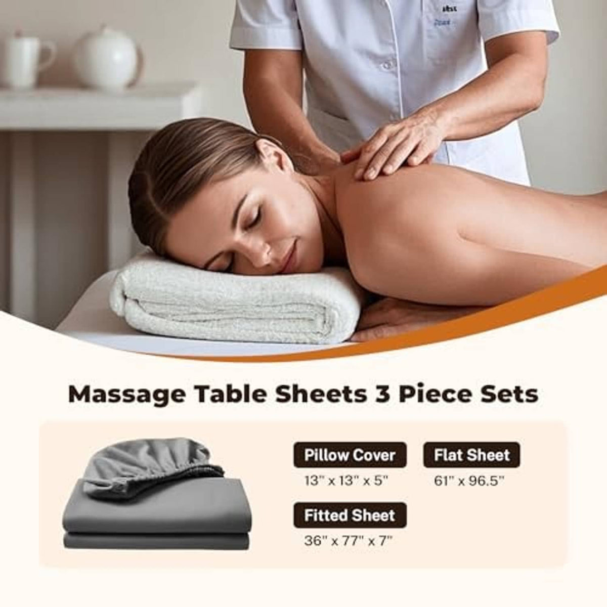 Grey massage table sheets set with folded flat and fitted sheets plus pillow cover