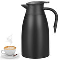 Black insulated thermal coffee carafe with lid and curved handle spout