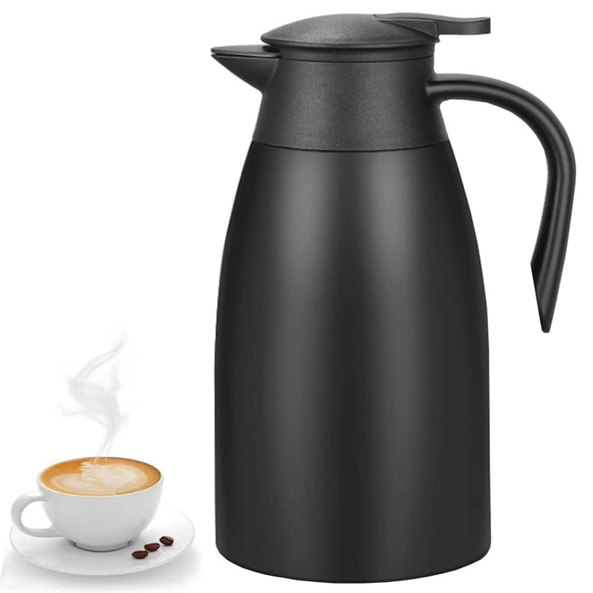 Black insulated thermal coffee carafe with lid and curved handle spout