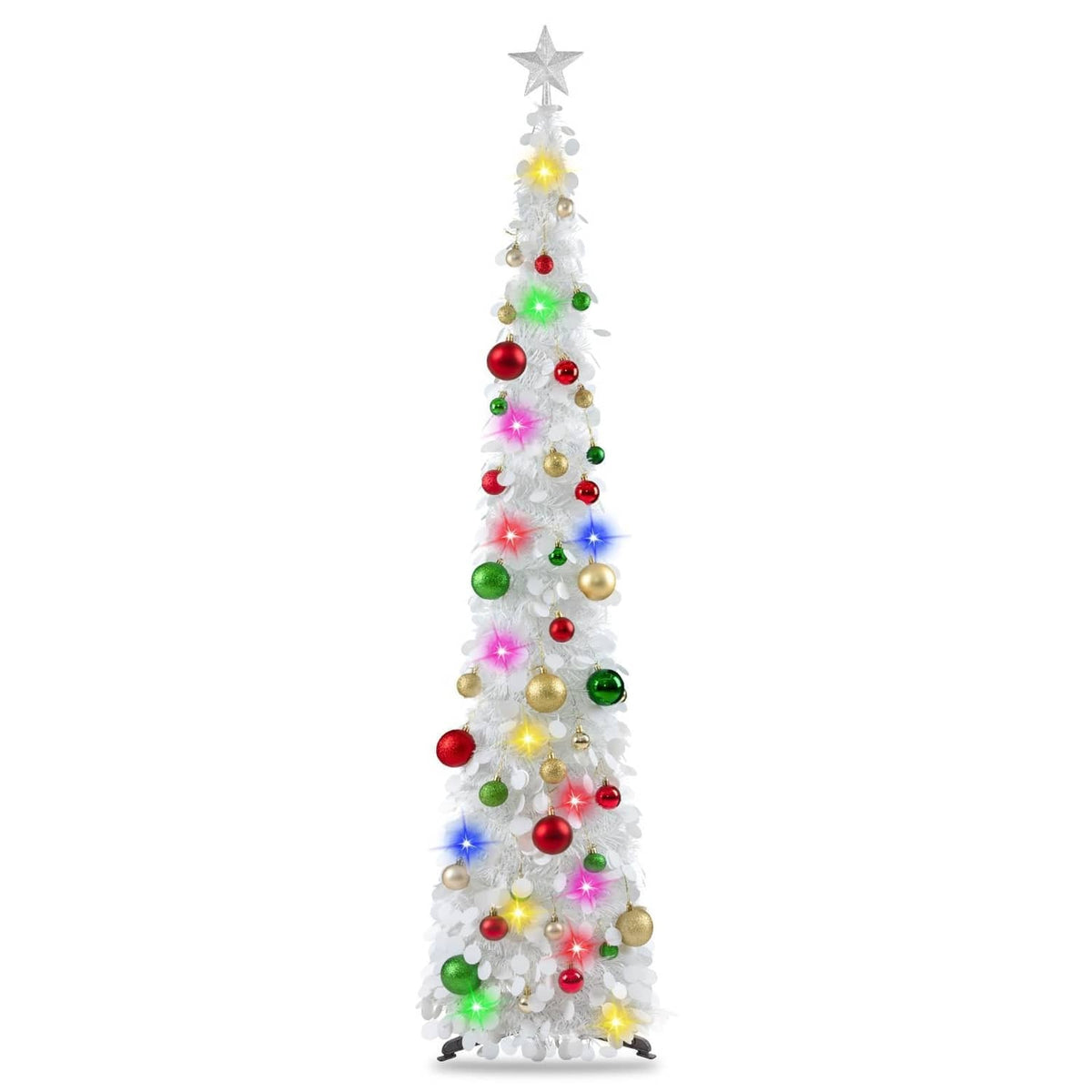 6ft white pop-up Christmas tree with star topper, glowing multi-color lights and baubles