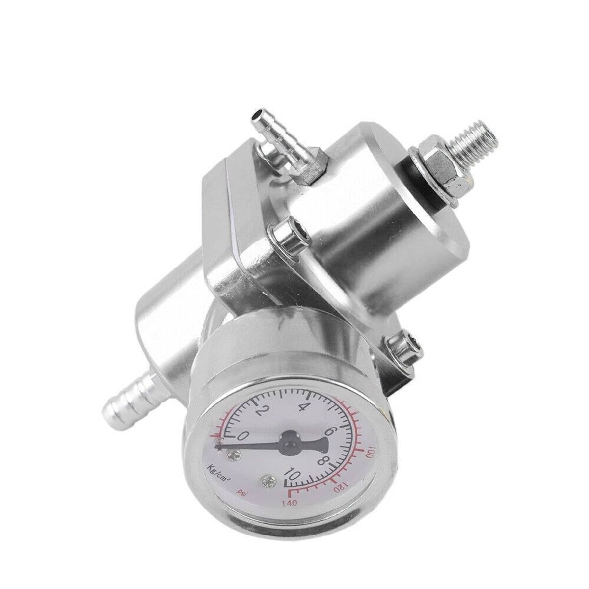 Adjustable fuel pressure regulator with dial gauge and metal mounting fittings