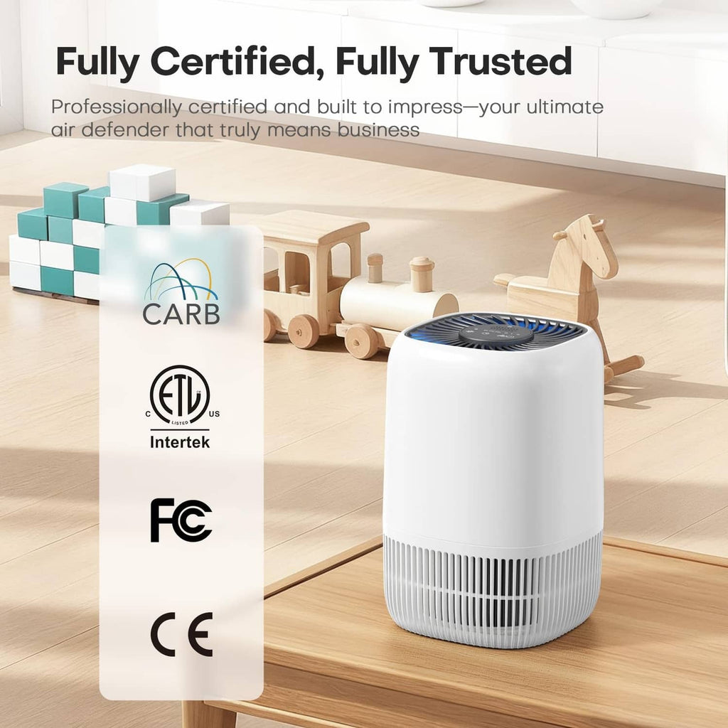 White air purifier next to certification card on a wooden floor table