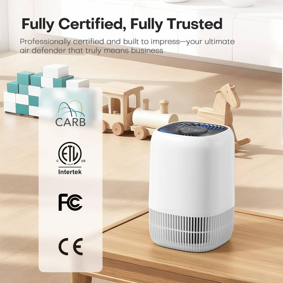 White air purifier next to certification card on a wooden floor table