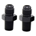 Pair of black 10AN to 3/4 NPT adapters with hex fittings and threaded ends