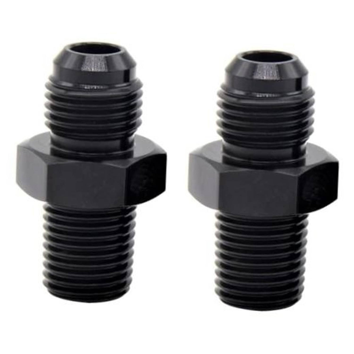 Pair of black 10AN to 3/4 NPT adapters with hex fittings and threaded ends