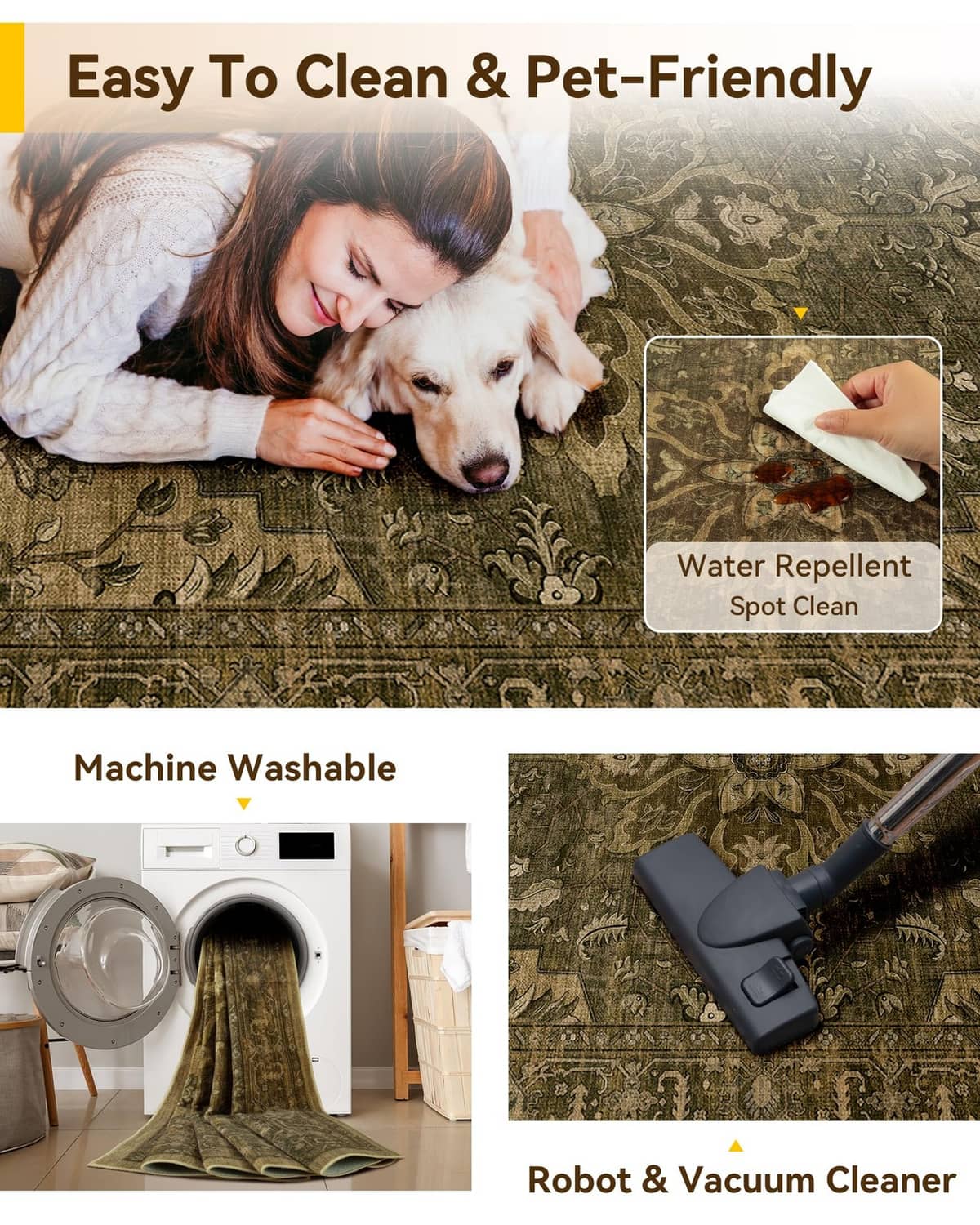 Rectangular short-pile area rug with dark olive-brown ornamental pattern