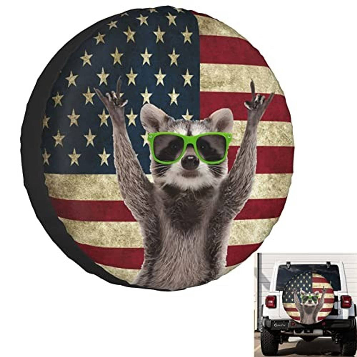 Round spare tire cover featuring a raccoon with green sunglasses over American flag