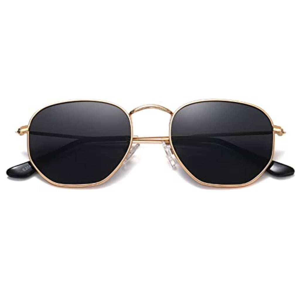 Gold hexagon sunglasses with dark lenses, thin metal frame, black temple tips