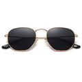Gold hexagon sunglasses with dark lenses, thin metal frame, black temple tips