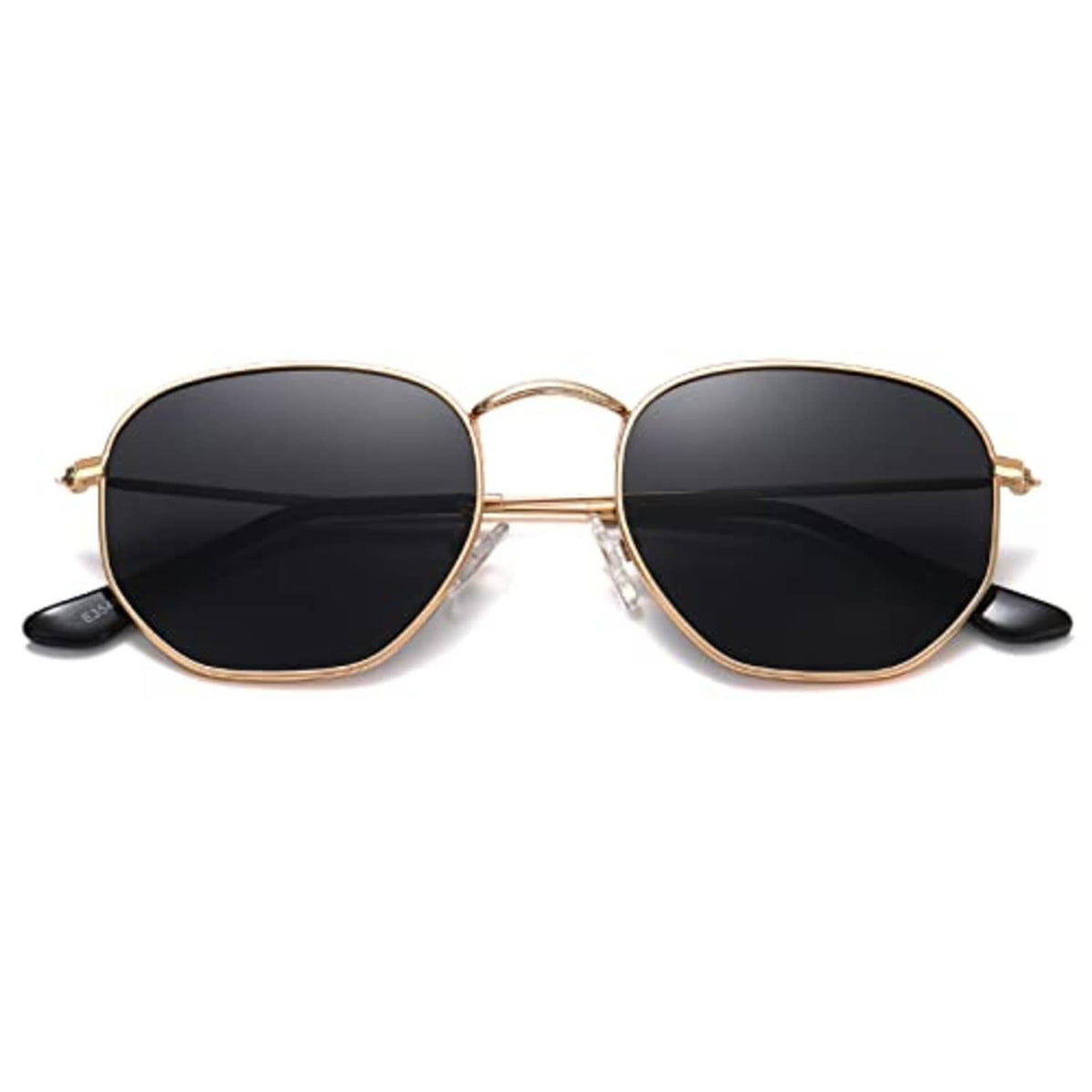 Gold hexagon sunglasses with dark lenses, thin metal frame, black temple tips