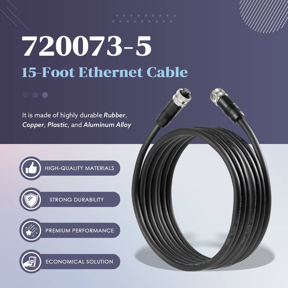 720073-5 15-foot Ethernet cable with two metal 8-pin connectors, black jacket