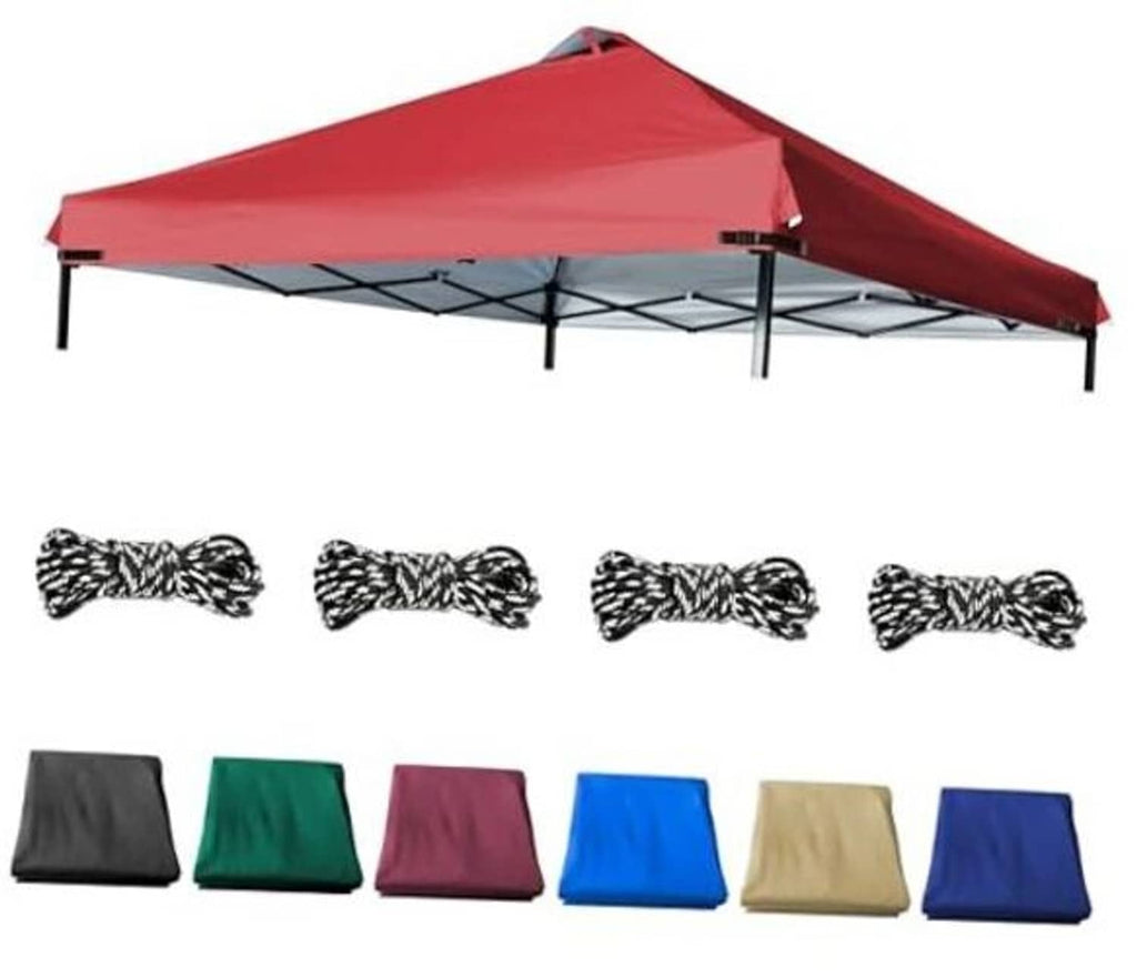 Red canopy replacement top with silver roof panels and black metal frame legs