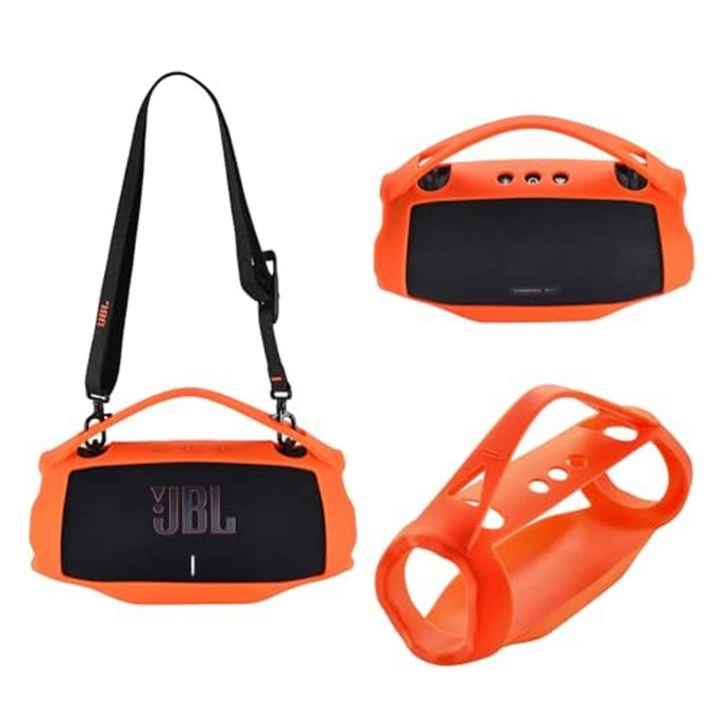 Orange silicone protective case with black speaker face and orange shoulder strap