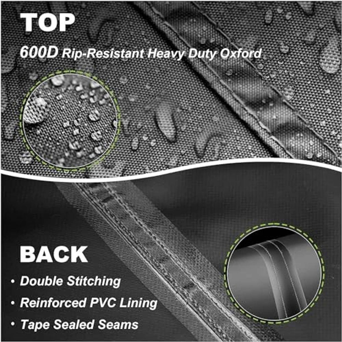 Black waterproof log splitter cover with reinforced seams and PVC lining detail