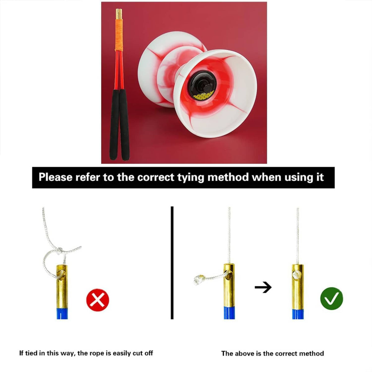 Red diabolo juggling toy with wheel pair, axle hub, and tying rope.