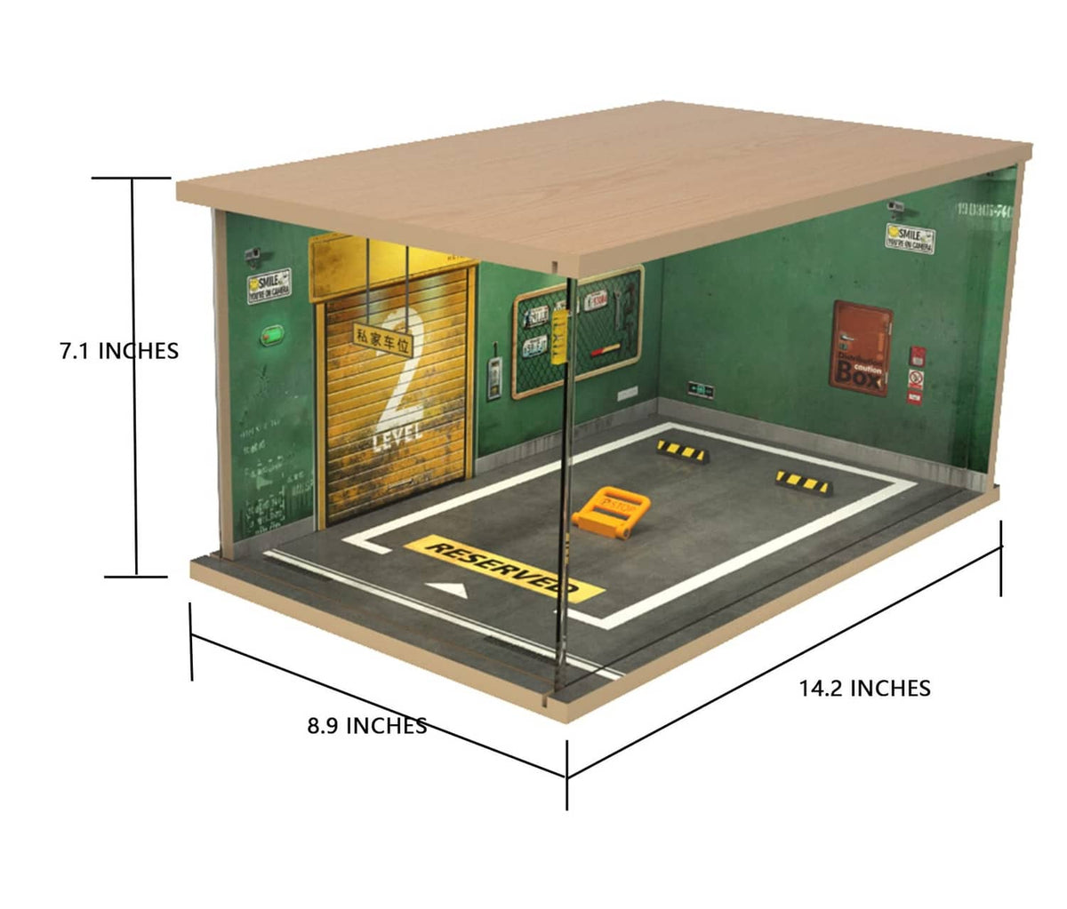 1:18 scale garage display case with dimensions, base, and interior layout