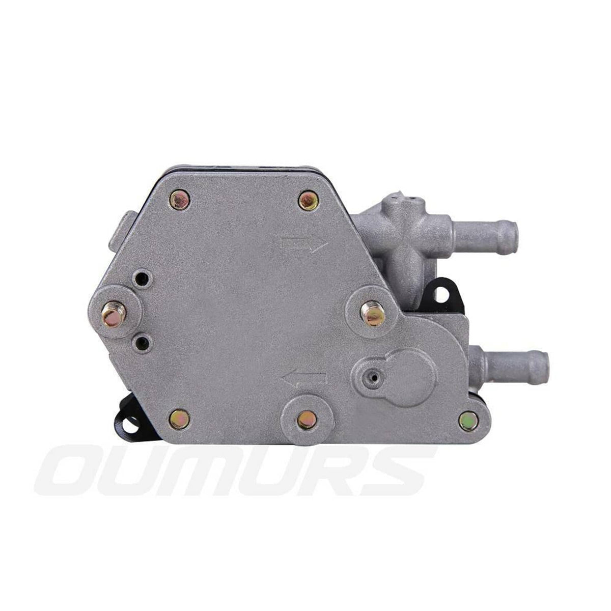 Gray fuel pump assembly with two outlet nipples and multiple mounting bolts