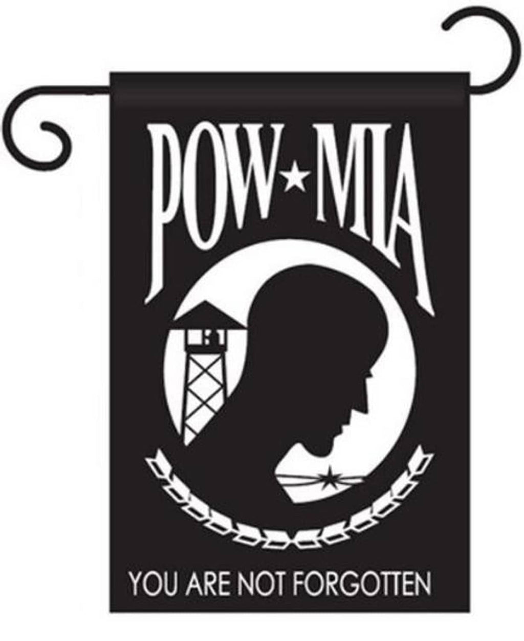 Front view black nylon garden flag with POW-MIA header, soldier profile, and YOU ARE NOT FORGOTTEN