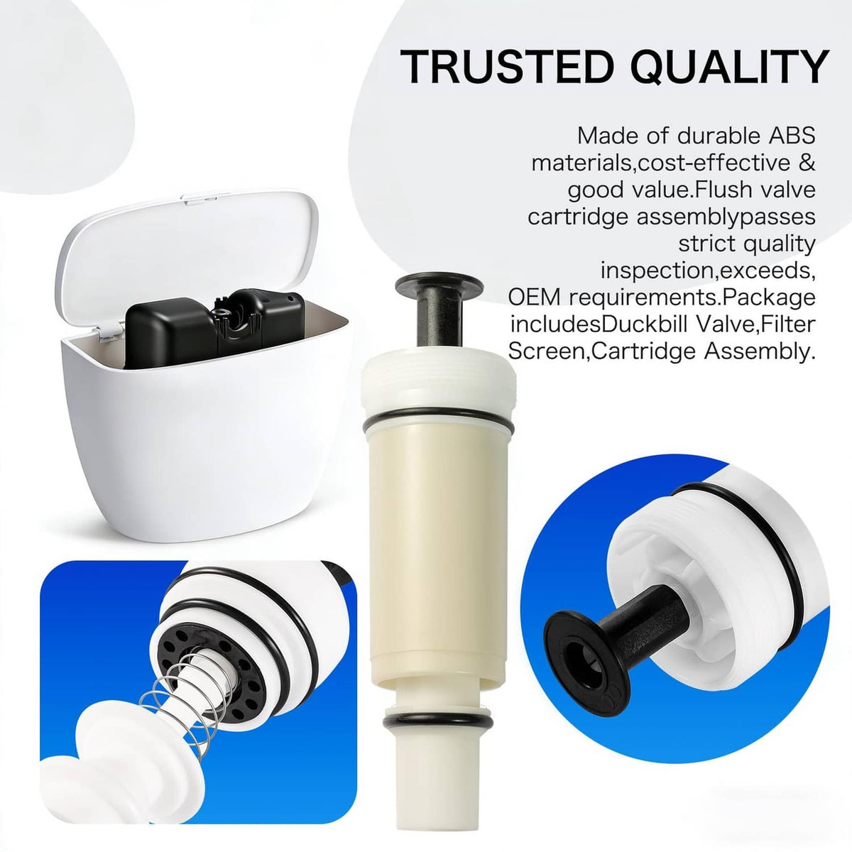 Flush valve cartridge assembly, off-white ABS cartridge with black stem and side seal