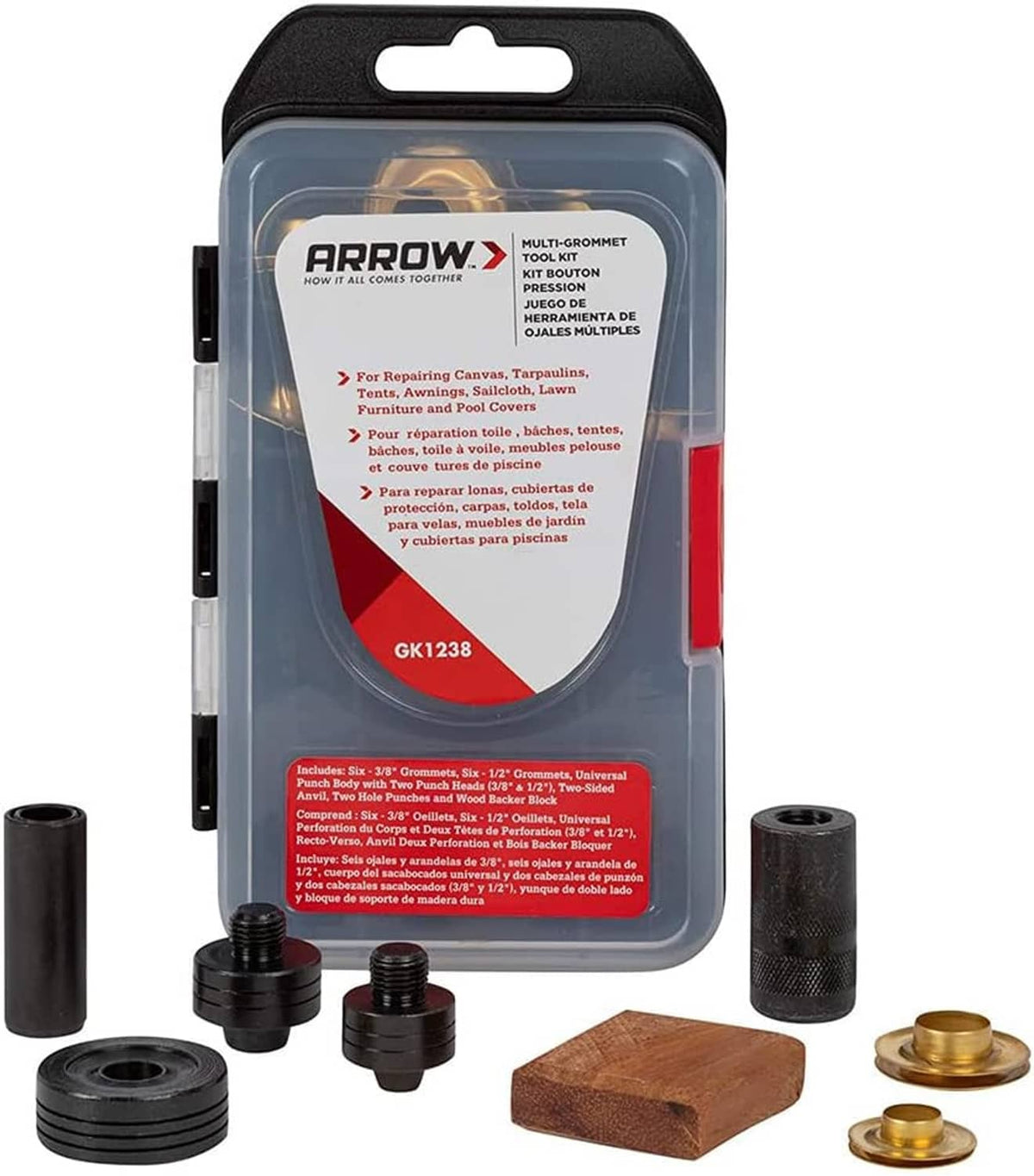 Arrow GK1238 grommet tool kit with grommets, setting tools, and organizer case
