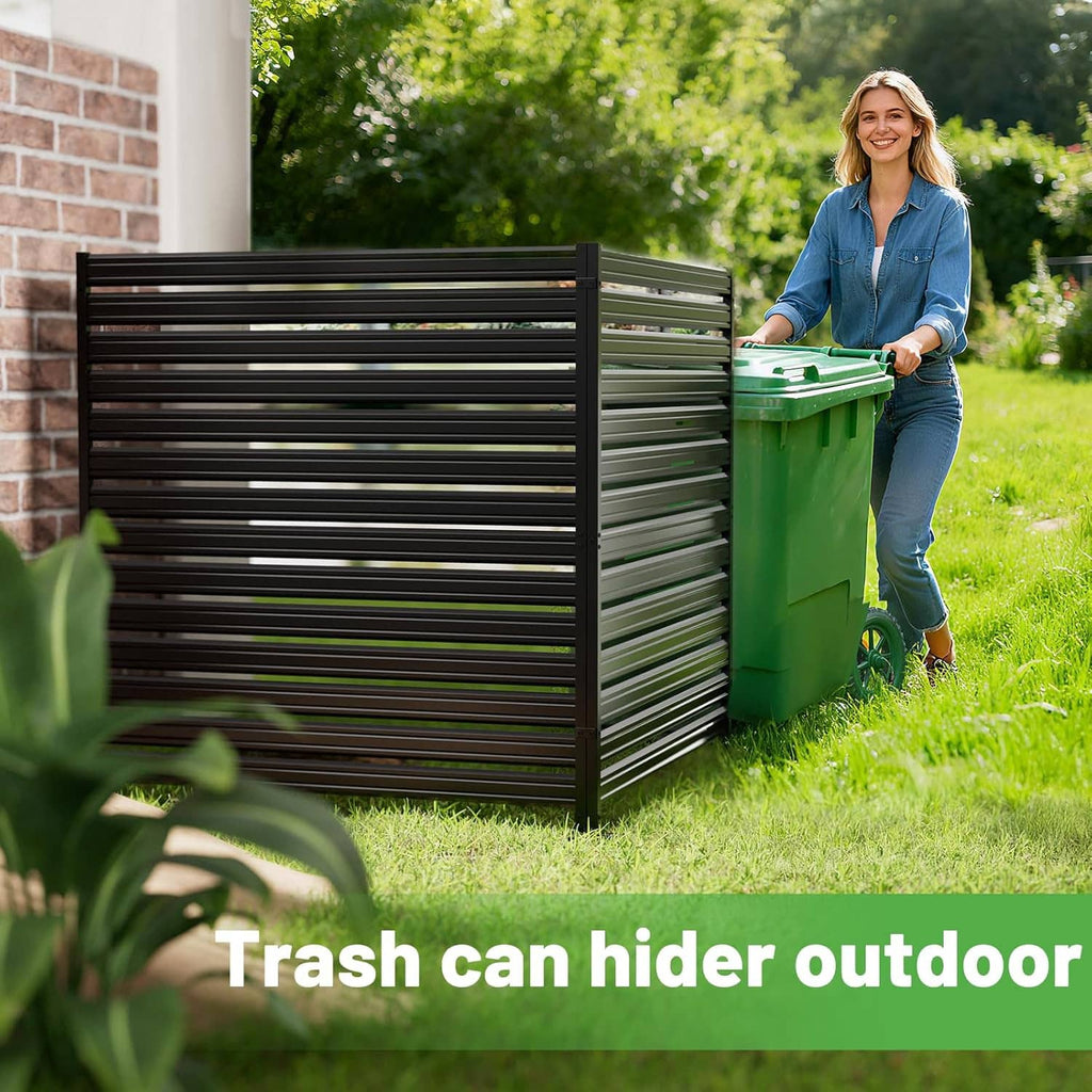 Black metal privacy fence screen with horizontal slats, freestanding outdoor partition.