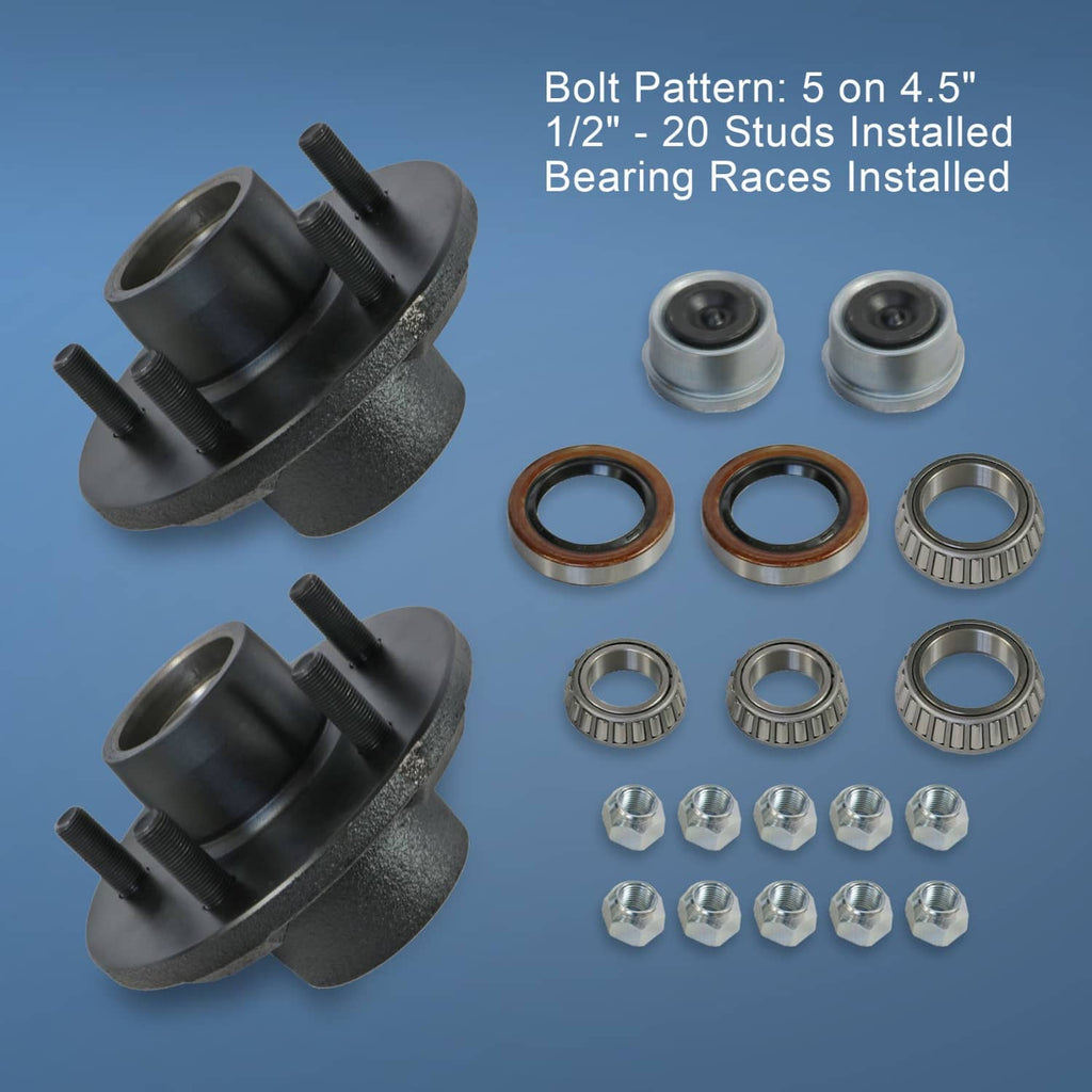 Trailer idler hub kit showing two hubs, bearings, grease seals, and steel cone nuts