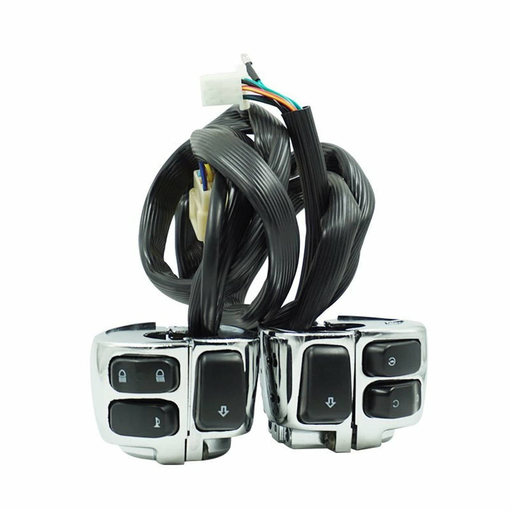 Motorcycle handlebar control switch pair with chrome housings and wiring harness