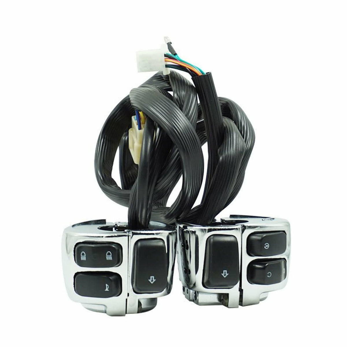 Motorcycle handlebar control switch pair with chrome housings and wiring harness