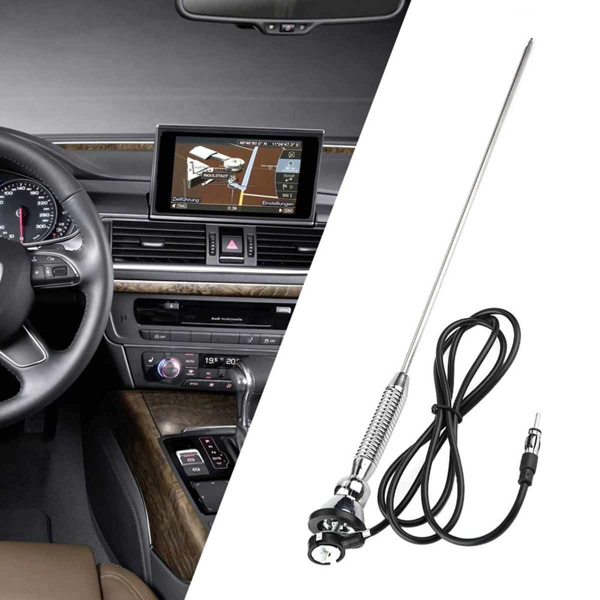 Universal car antenna kit: long silver mast, chrome base, black power cord