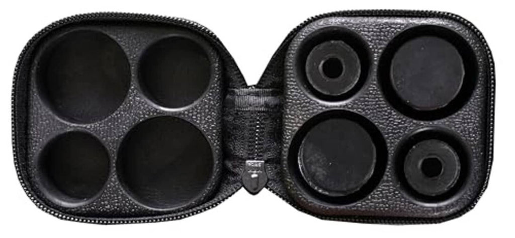 Open black cue case with six round cue slots and visible elastic dividers