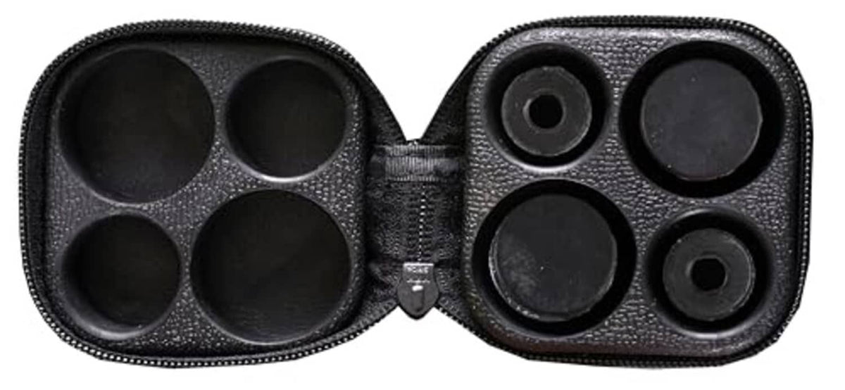 Open black cue case with six round cue slots and visible elastic dividers