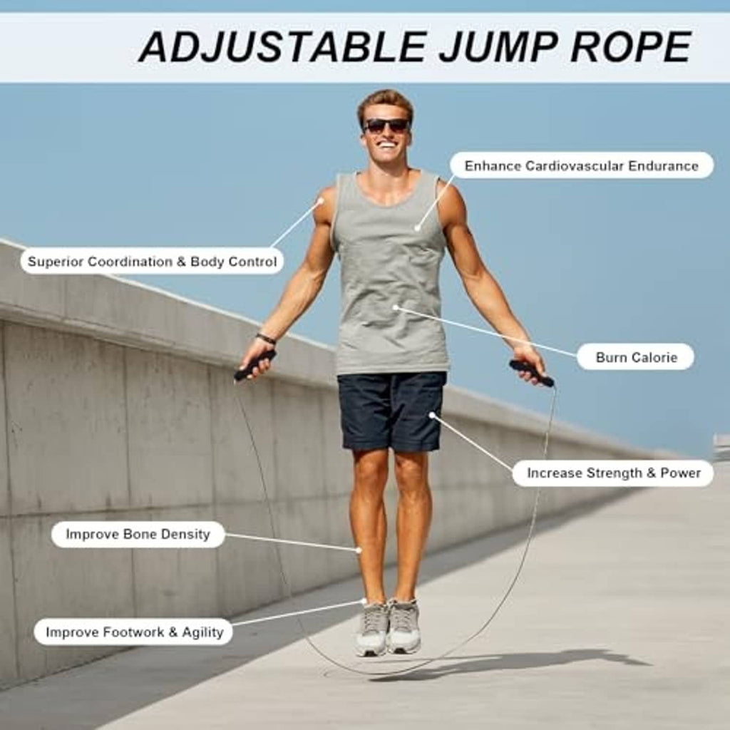 Adjustable jump rope with black handles for speed and agility workouts