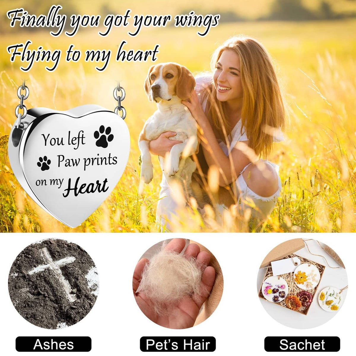Heart-shaped urn necklace with paw-print engraving and charm-style chain