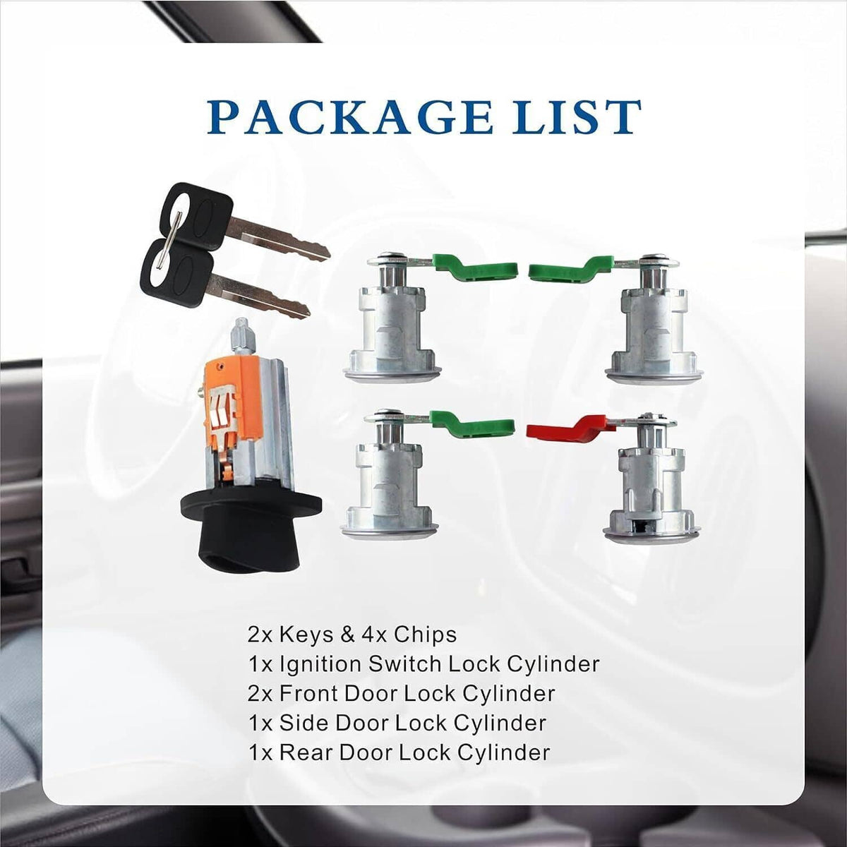 Ignition switch and door lock cylinder kit with keys and colored chips