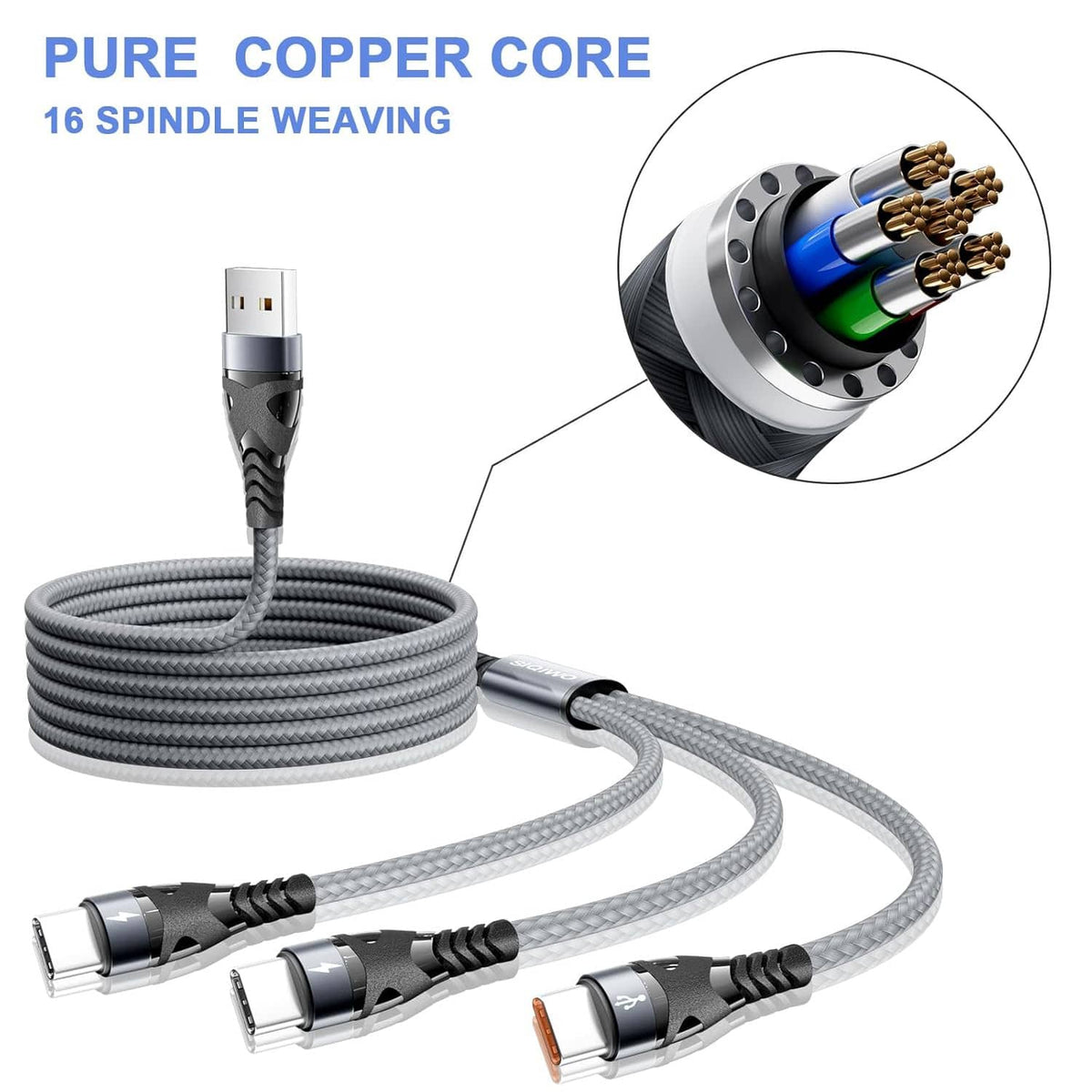 3-in-1 USB-C charging cable with gray braided cord and multi-tip connector ends