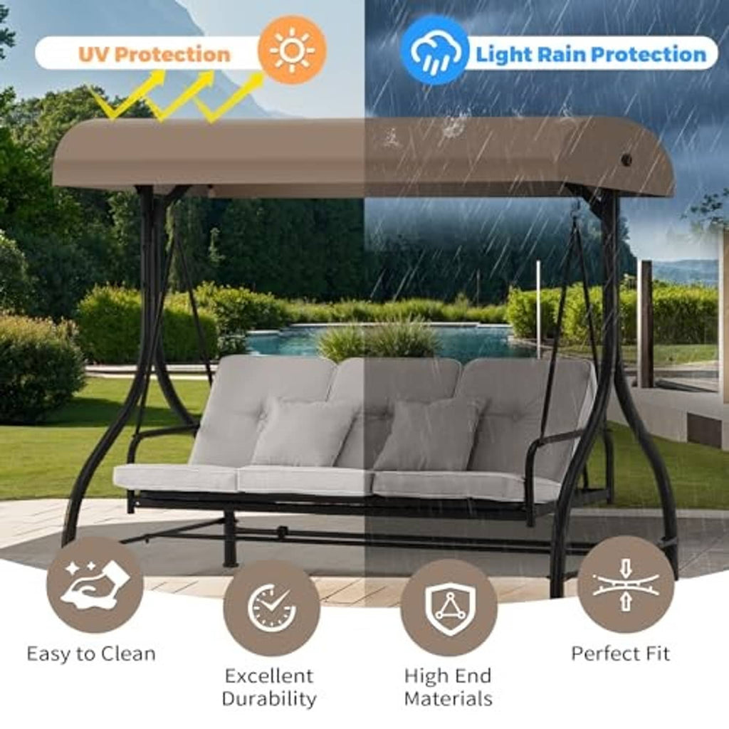 Beige outdoor swing canopy top over porch seating with UV and light rain protection graphics
