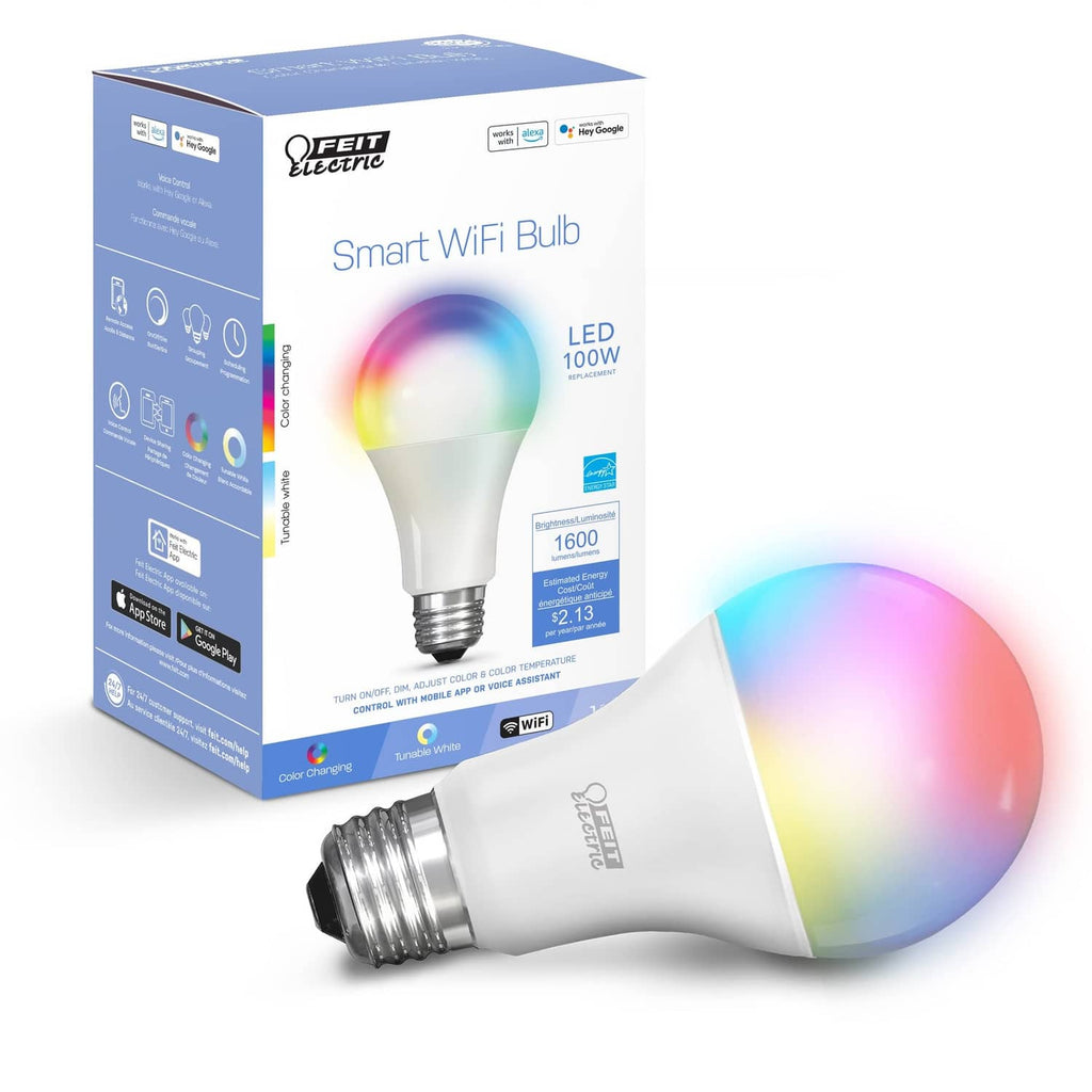 Retail box and A19 smart WiFi bulb with multicolor light glow