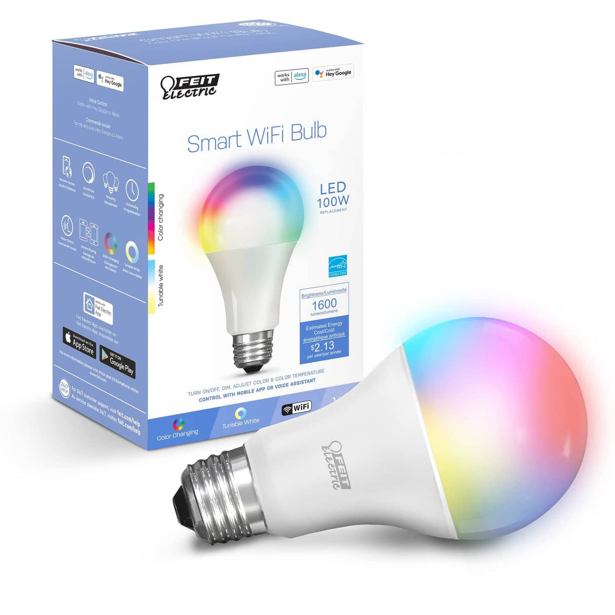 Retail box and A19 smart WiFi bulb with multicolor light glow