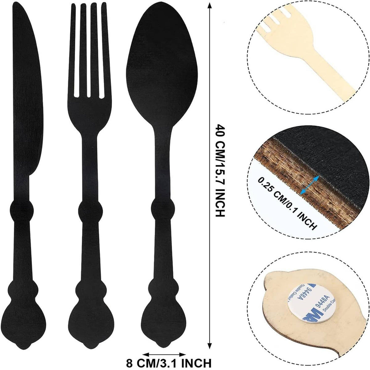 3-piece black wooden fork, spoon, and knife wall decor set, shown with size markers