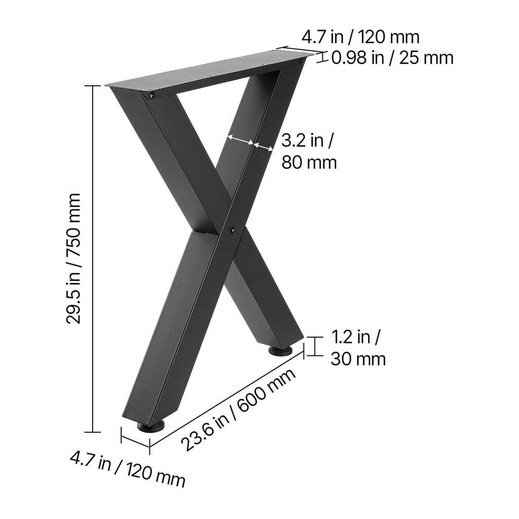 Black X-frame table leg with dimensions shown; includes rubber feet at the base.