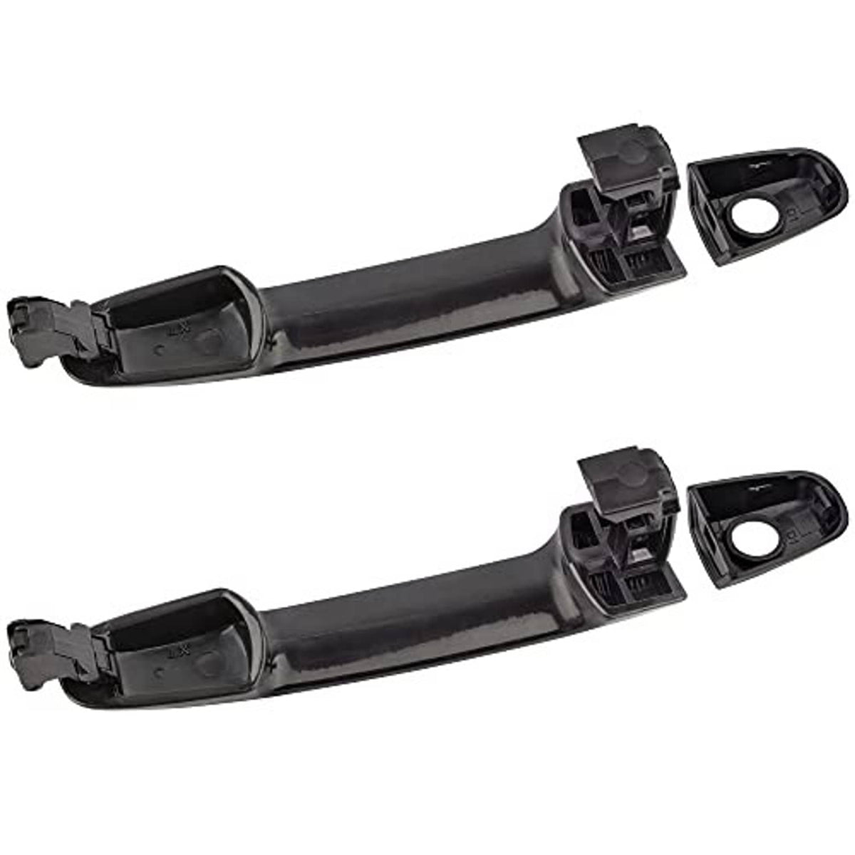 Black exterior door handle underside view with mounting tabs and keyhole housing