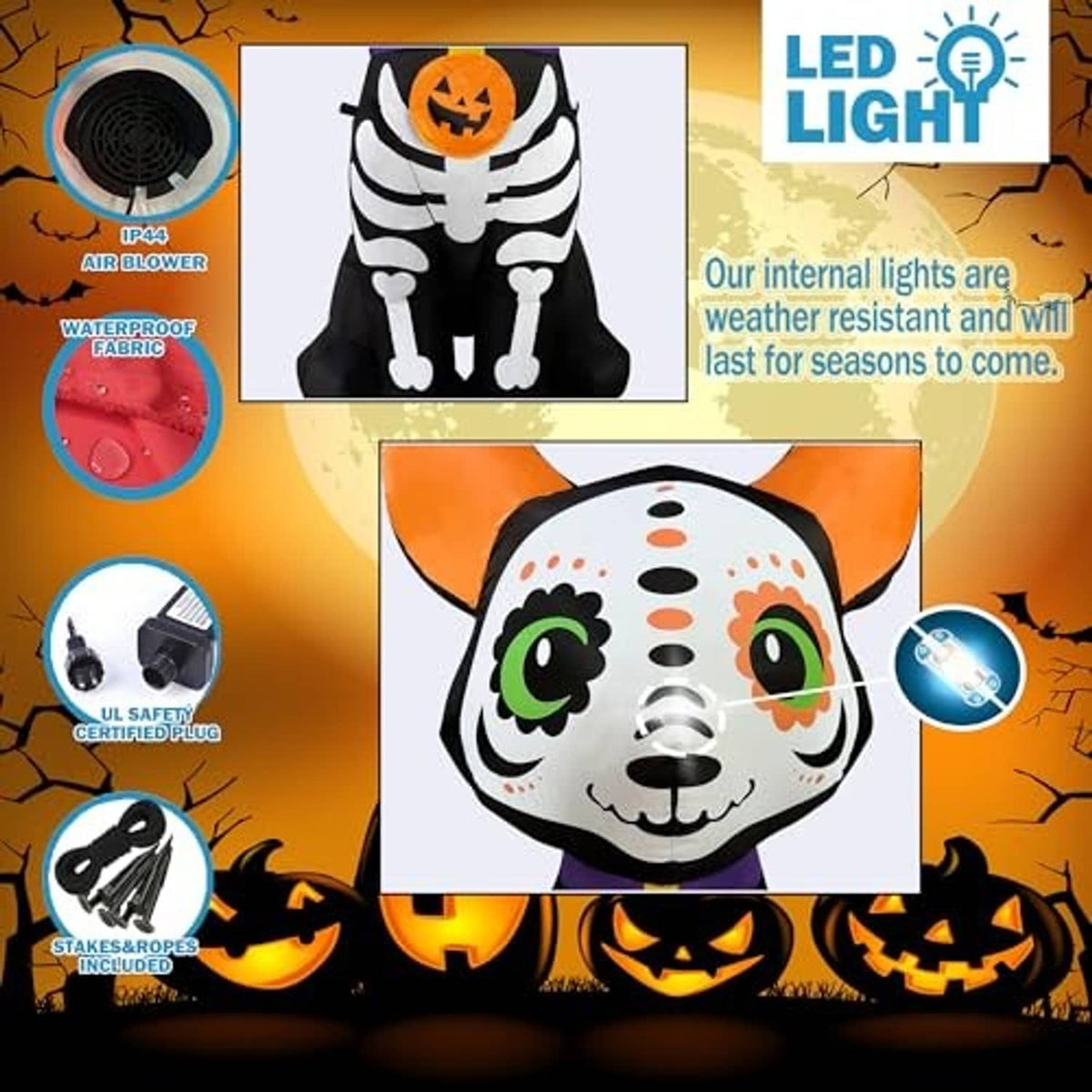 Halloween inflatable skeleton dog graphic with orange ears and jack-o-lantern collar.