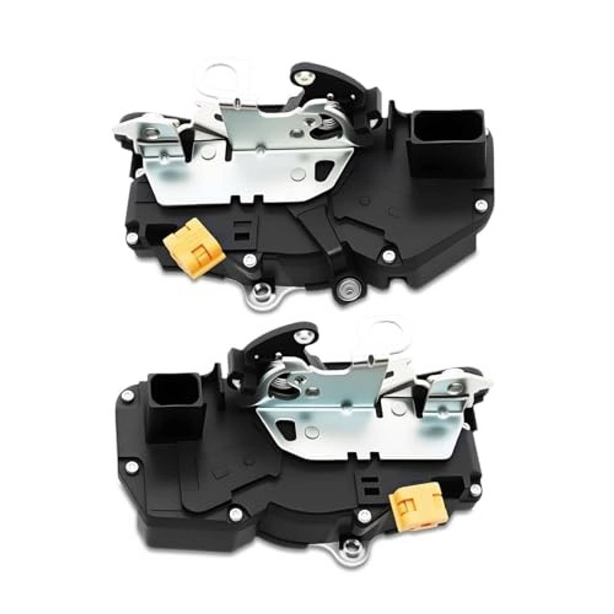 Two front door lock actuators with black plastic housings and orange connector tabs