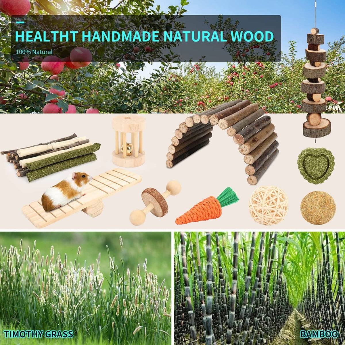 Handmade natural wood chew toy bundle: log tunnel, ramp, hanging tower, carrot, hay grass and balls
